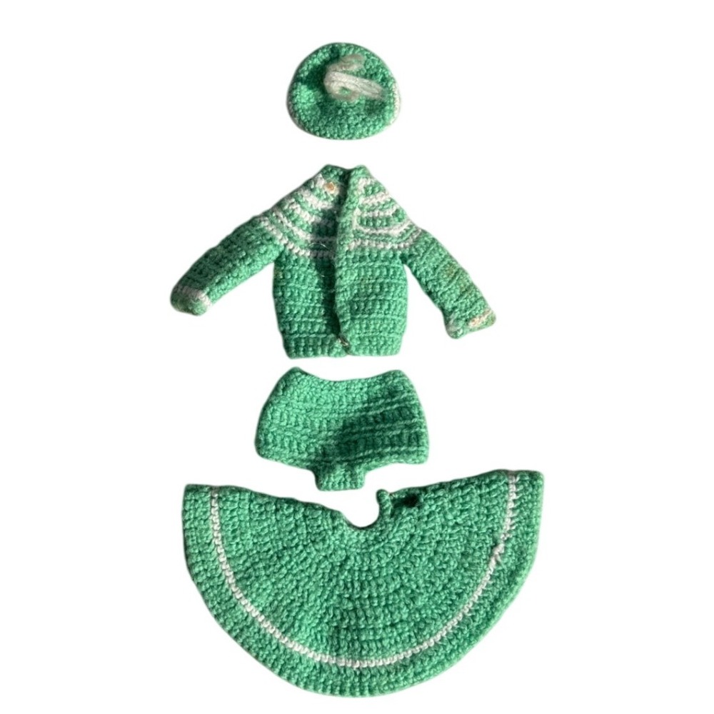 Vintage Handmade Green & White Crocheted 4-Piece Doll Outfit Barbie Size